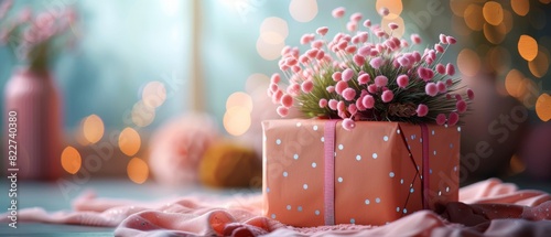 Beautiful gift box with pink flowers on a table with bokeh lights in the background. Perfect for celebrations and special occasions.
