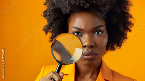 determined 3d african american businesswoman peering through magnifying glass on vivid orange background digital rendering