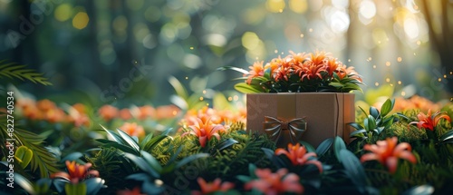 Beautiful orange flowers in a gift box surrounded by lush greenery in a serene forest setting, symbolizing nature's beauty and peacefulness.