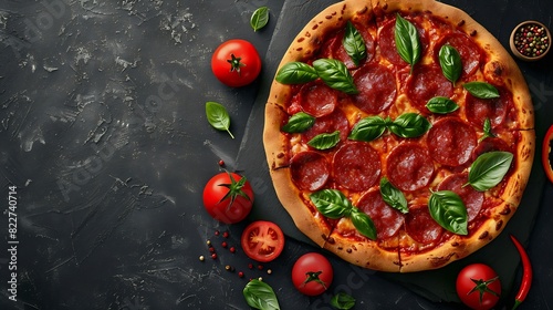 Pepperoni Pizza with Mozzarella cheese salami Tomatoes pepper Spices and Fresh Basil Italian pizza : Generative AI