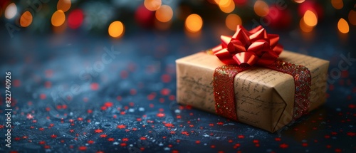 Beautifully wrapped gift with red ribbon on festive background, perfect for holiday celebrations and special occasions.