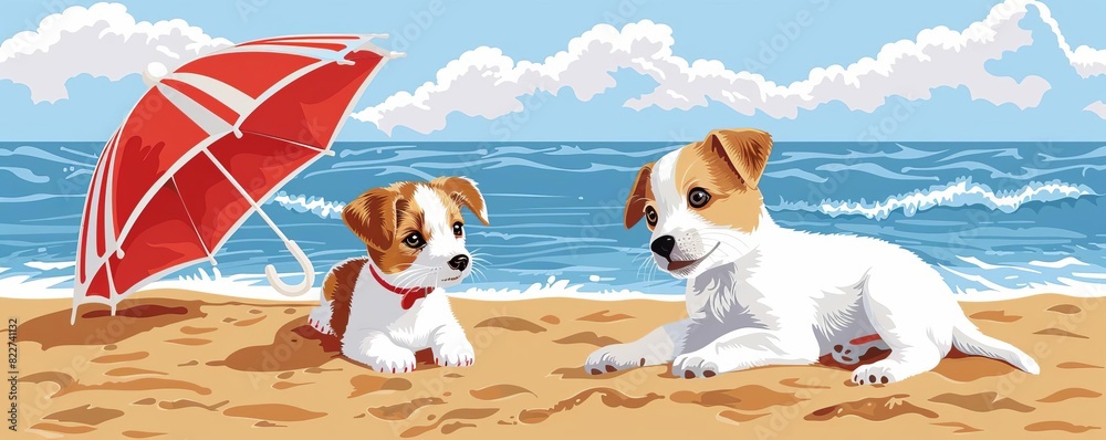 Obraz premium Design a whimsical illustration of a cat and dog on a summer holiday