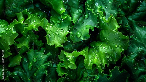 Green lettuce salad leaves and water drops close up image : Generative AI