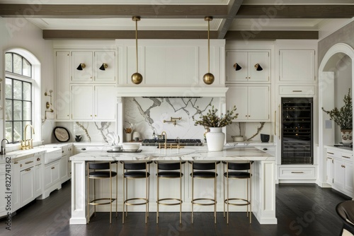 It's a classic kitchen with white cabinets, a marble backsplash and a Jean Stoffer style island.