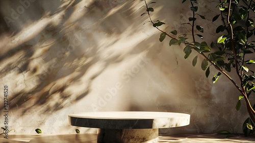 Luxurious stonemarble pedestal basks in foliage gobo sunlight Wooden rod backdrop adds depth and elegance Ideal for premium product showcases and sophisticated designs : Generative AI photo