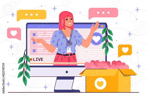 Blog promotion guidance concept. E-commerce and internet marketing live streaming. Internet Advertising. Popular blogger. Flat vector illustration
