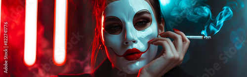 A woman joker  with white face and red lips looking soo beautiful  dark humor femme fatal horror theme  photo