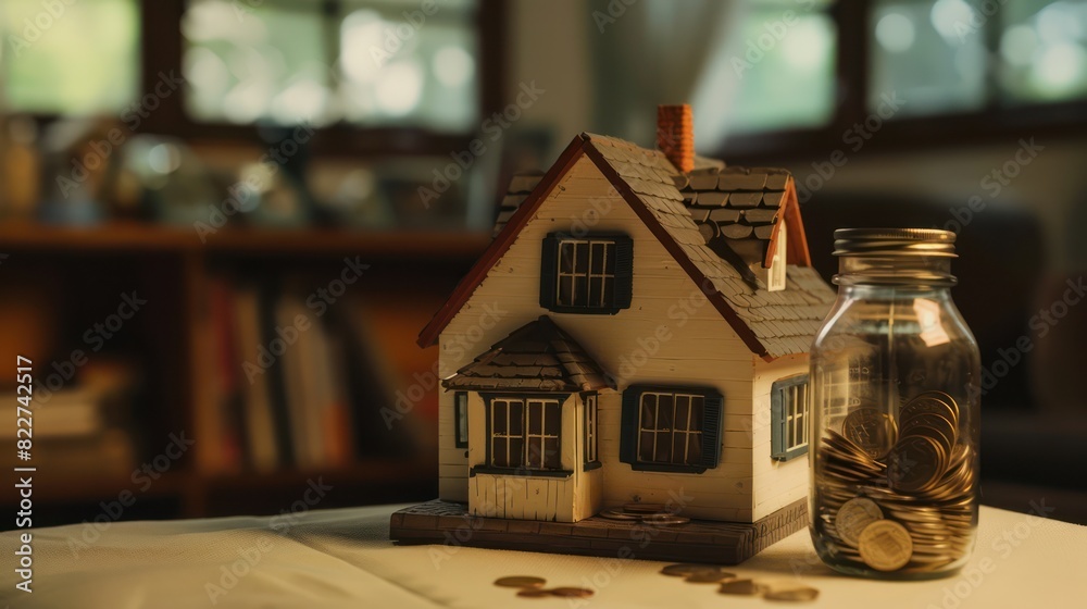 Coin savings in a glass jar with a tiny house background, residential house planning finance. Coin savings in a glass jar with a tiny house background, residential house planning finance.