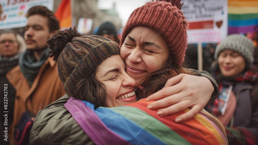 Fototapeta premium Embracing Strength: Ally Hugging LGBTQ+ Friend at Support Rally with Tears of Joy and Solidarity in Community Background