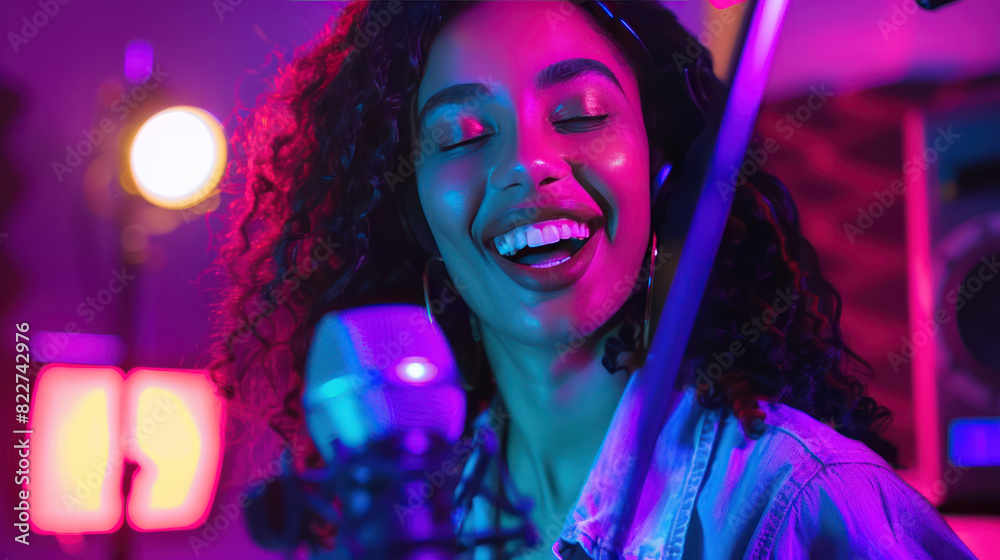 A cheerful young woman laughing while recording a live radio show in a studio, vibrant neon purple light highlighting the energetic and fun atmosphere. A cheerful young woman laughing while recording a live radio show in a studio, vibrant neon purple light highlighting the energetic and fun atmosphere.