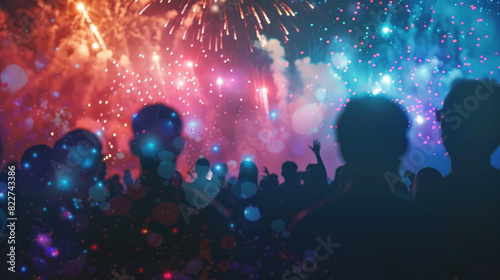 A crowd of people silhouetted against a backdrop of colorful fireworks, capturing the collective wonder and celebration of the moment.
