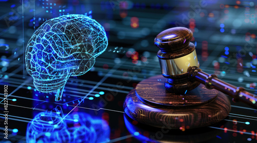 A gavel placed next to an AI brain hologram, symbolizing the legal challenges and ethical considerations in controlling artificial intelligence technology.