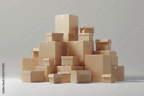 Neatly stacked cardboard boxes in a bright, minimalistic setting, representing organized packing and preparation for moving, shipping, and storage.