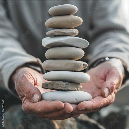 Close-up of senior hands carefully balancing smooth gray pebbles in an outdoor natural setting