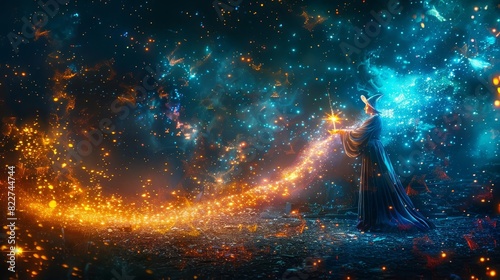 A fairy godmother casting a spell with her wand, surrounded by sparkling magic,
