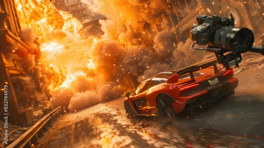A floating camera filming a highspeed car chase from an overhead perspective, A floating camera filming a highspeed car chase from an overhead perspective,
