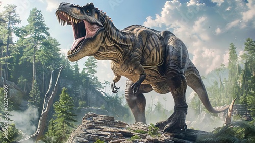 A fierce Tyrannosaurus rex roaring on a rocky cliff during the Mesozoic era 