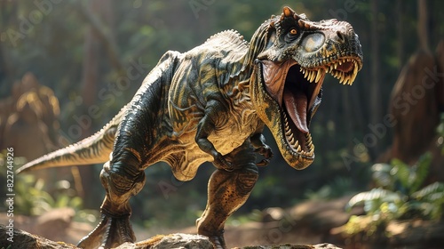 A fierce Tyrannosaurus rex roaring on a rocky cliff during the Mesozoic era 