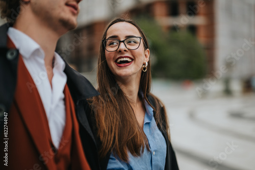 Cheerful woman with glasses smiling and talking with a man outdoors in an urban environment, expressing happiness and connection.