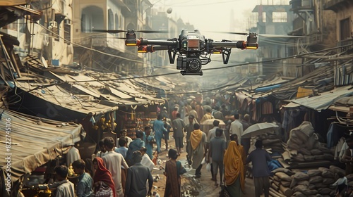 A floating camera gliding through a crowded marketplace, capturing everyday life,