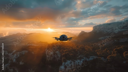 A floating camera hovering over a scenic mountain landscape at sunrise,