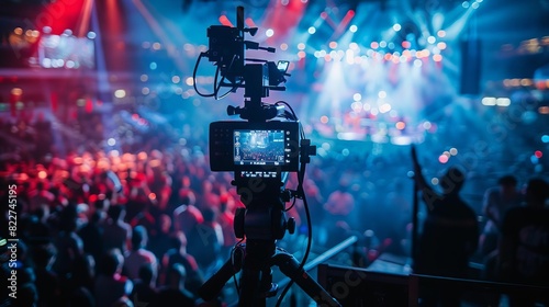 A floating camera recording a live concert from above the stage,