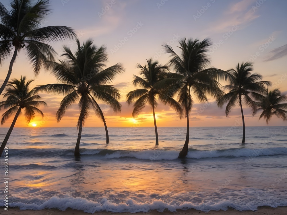 Capture the harmony of nature as waves lap at the sandy beach, framed by a lush grove of palm trees and a distant horizon