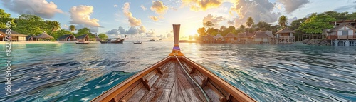 Scenic view from a longtail boat in tropical waters with island huts and a beautiful sunrise.