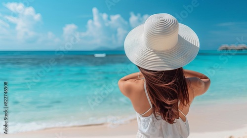 Woman in white dress and hat enjoying the beach.