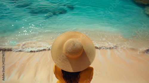 Woman in straw hat looking at ocean waves.