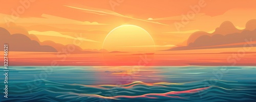 banner of orange and blue sunset and sea