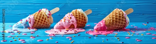 Three melting ice cream cones with sprinkles on a blue wooden background.