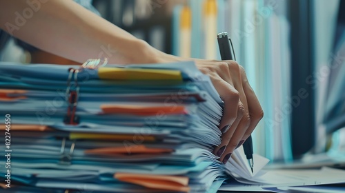 Businesswoman hands working in Stacks of paper files for searching and checking unfinished document achieves on folders papers at busy work desk office : Generative AI photo