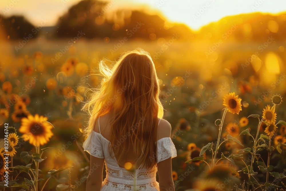 female with long hair in white summer dress in a field with sunflowers on sunset