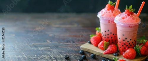 strawberry fruit bubble boba tea on wooden table banner with copy space