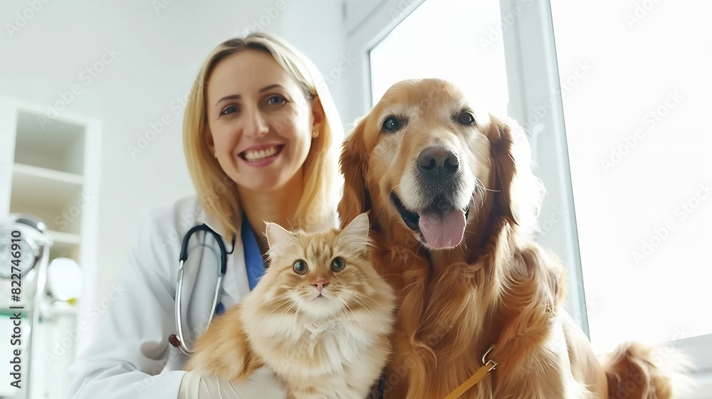 Smiling woman veterinarian with golden retriever dog and fluffy cat at work in clinic : Generative AI
