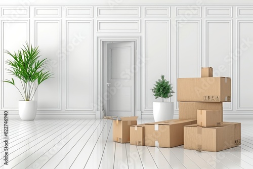 Bright room with stacks of boxes and plants, showcasing a clean, modern, and organized setup for unpacking and moving into a cozy, fresh home. © Leo
