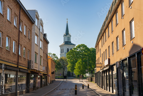 Tower of Vimmerby Kyrka evangelical church in Vimmerby, Sweden photo