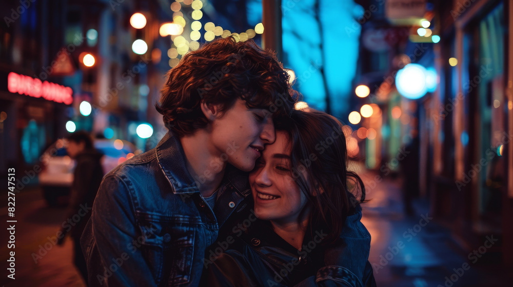 Non-binary couple enjoying a night out in the city,beautiful landscape photography, fine art