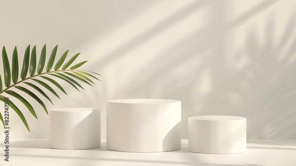 Three varying height white podiums complemented by a palm leaf on a neutral background ideal for product display : Generative AI Three varying height white podiums complemented by a palm leaf on a neutral background ideal for product display : Generative AI