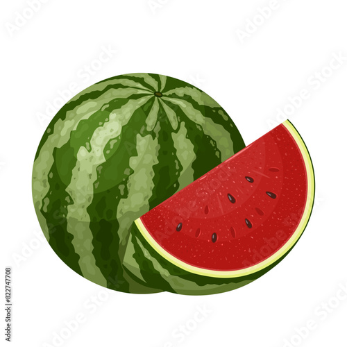 Vector illustration, fresh watermelon, whole and sliced, isolated on white background.