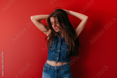 Woman in denim posing against red backdrop
