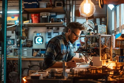 Man working intently in electronics workshop