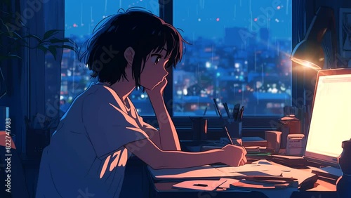 Lofi Anime Girl Writing and Doing Homework at a Desk in Her Apartment Room with a Night City View, Chill Vibes, Background Lofi Music.