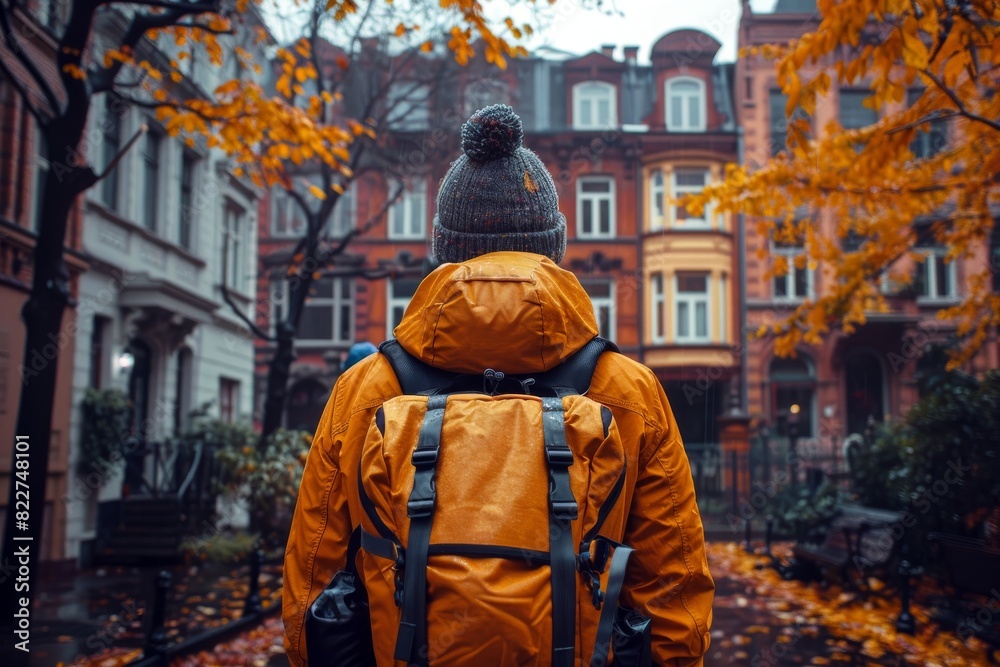 Traveler in orange jacket exploring a city in autumn with colorful leaves and historic buildings Traveler in orange jacket exploring a city in autumn with colorful leaves and historic buildings