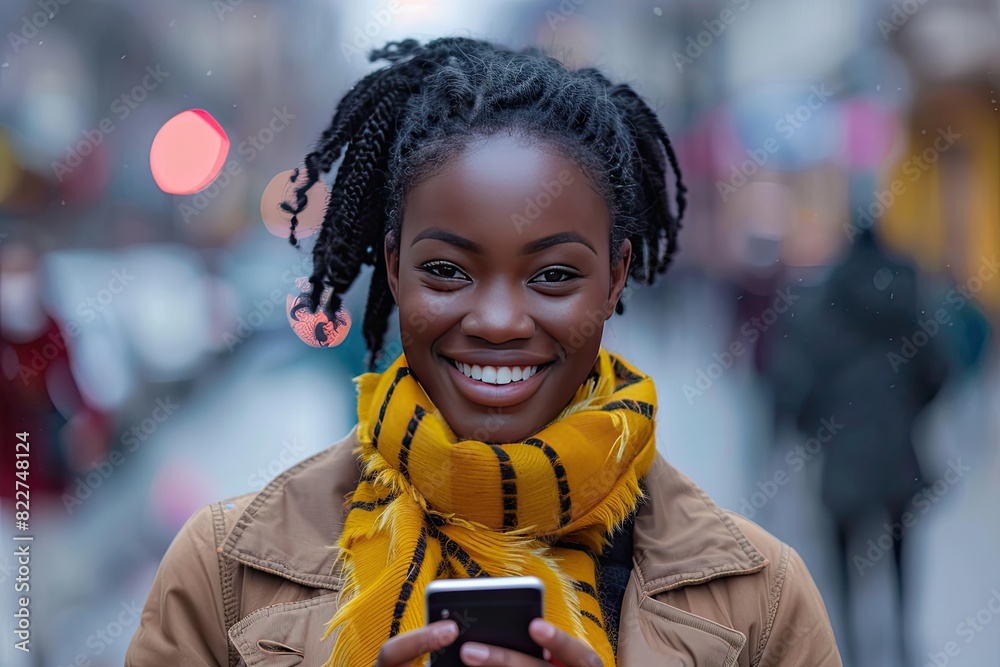A smiling woman with a yellow scarf is holding a cell phone. Concept of warmth and happiness, as the woman is enjoying her time outdoors A smiling woman with a yellow scarf is holding a cell phone. Concept of warmth and happiness, as the woman is enjoying her time outdoors
