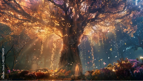 a whimsical tree, highly stylized and fantastical scene that cannot realistically exist in nature