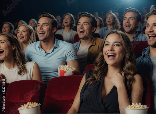 Group of people sitting in a movie theater watching a film