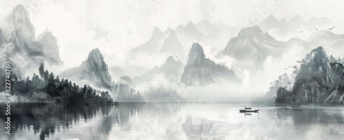 Chinese landscape painting, ink style, black and white tones, misty mountains, lake surface, small boats on the water, distant pine trees, clouds floating in the sky photo