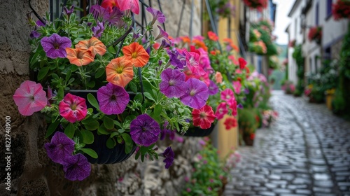 Closeup of colorful petunias in hanging baskets along a cobblestone alleyway. Concept Floral Photography  Hanging Baskets  Cobblestone Alleyway  Closeup Shots  Colorful Petunias